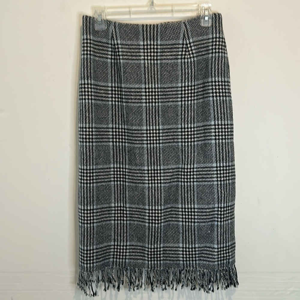 Vintage Harold’s black white blue houndstooth plaid wool fringe skirt size 6